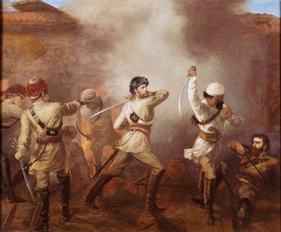 Kapitein Charles John Stanley Gough (1832-1912) tijdens de Indiase Muiterij in Khurkowhah op 15 augustus 1857, c.1860 door Chevalier Louis William Desanges